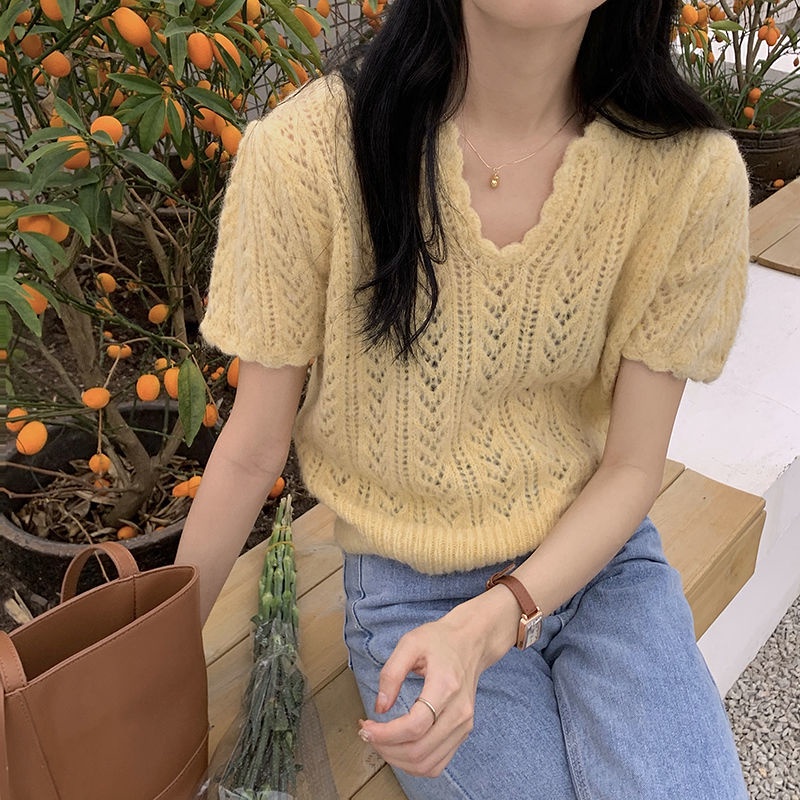 Áo Dệt Kim Tay Ngắn Cổ Chữ V Thời Trang Phong Cách Phương Tây Cho Nữ