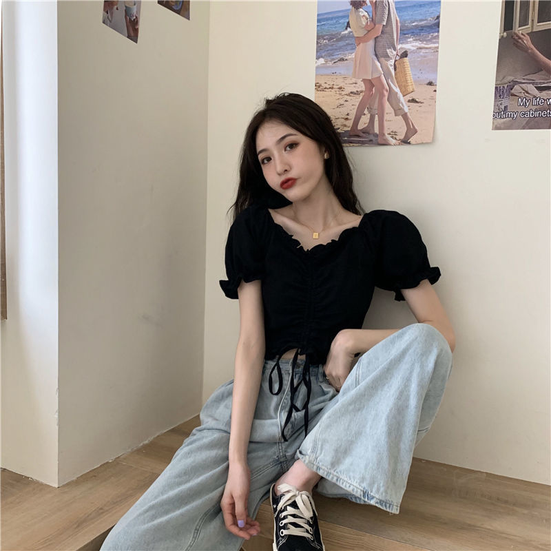 Áo croptop tay phồng cổ chữ V phối dây rút thời trang cho nữ