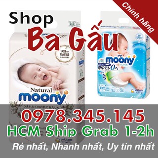 Bỉm Moony Natural Dán/Quần NB63 DÁN, S58 DÁN, M46 DÁN, M46 QUẦN, L36 Quần, XL32 Quần