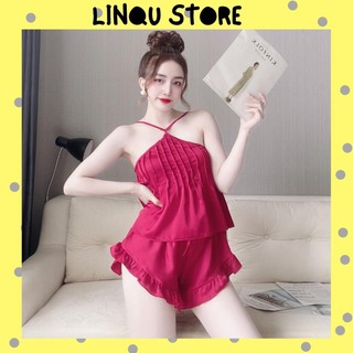 Đồ ngủ sexy Linqu đồ ngủ 2 dây cổ yếm xếp ly chất Satin mặc mát mẻ Freesize