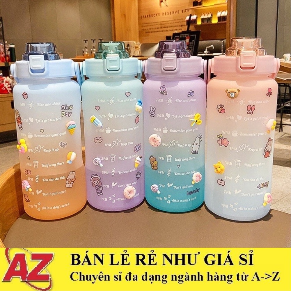 Bình Nước 2 lít Tặng Kèm Sticker Có Vạch Chia Nhắc Giờ Cho Người Lười Uống Nước, Bình Nước Thể Thao 2L