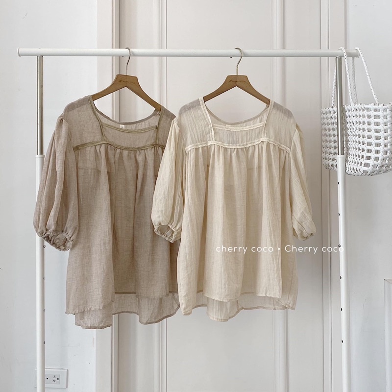 Sơ mi đũi mỏng bện thừng cổ vuông chất mát style Hàn Quốc 62210 CHERRYCOCO