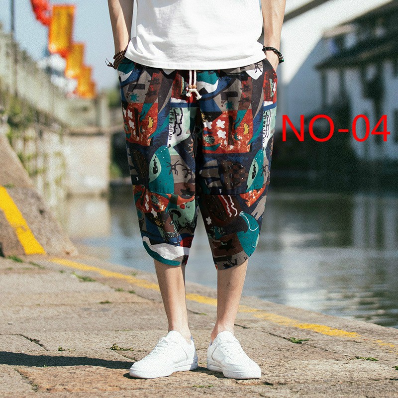 Men's Japanese Retro National Style Printed Casual Capris Men's Loose Casual Pants