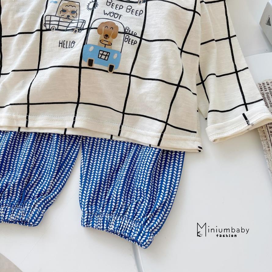 Bộ đồ dài tay quần dài thu đông chó đi ô tô, gà cho bé gái/trai chất liệu 100% cotton, quần áo trẻ em MiniumBaby-SB1315