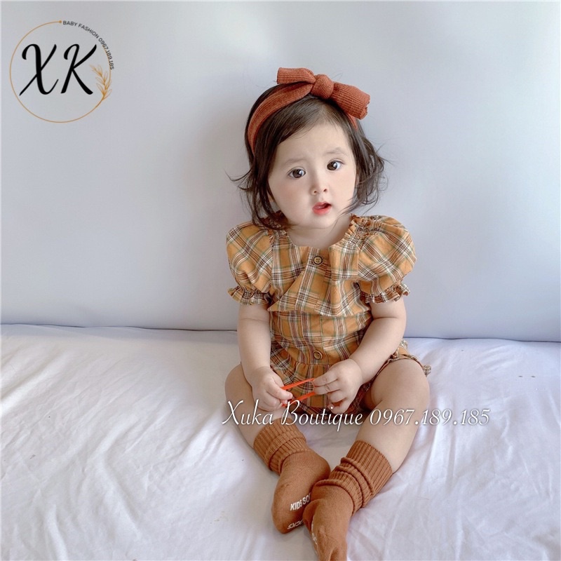 Bộ Quần Áo Cộc Tay Bé Gái Kẻ Nâu Vàng Cực Tây 0-2 Tuổi Xuka Boutique Set Quần Áo Trẻ Em 2022
