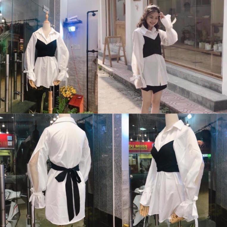 ÁO GIẤU QUẦN DOUBLE SHIRT DÁNG DÀI - ÁO SƠMI LIỀN TAY ĐẮP CHÉO CỘT NƠ ĐEN PHÍA SAU -ĐẦM ulzzang ་