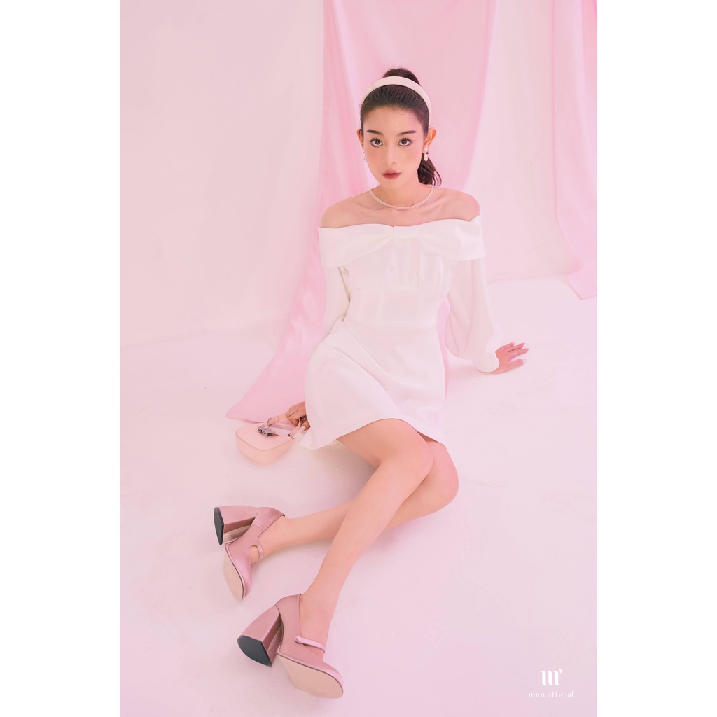 Đầm nữ thiết kế Méo shop cổ nơ trễ vai bo eo phối lưới Sylan