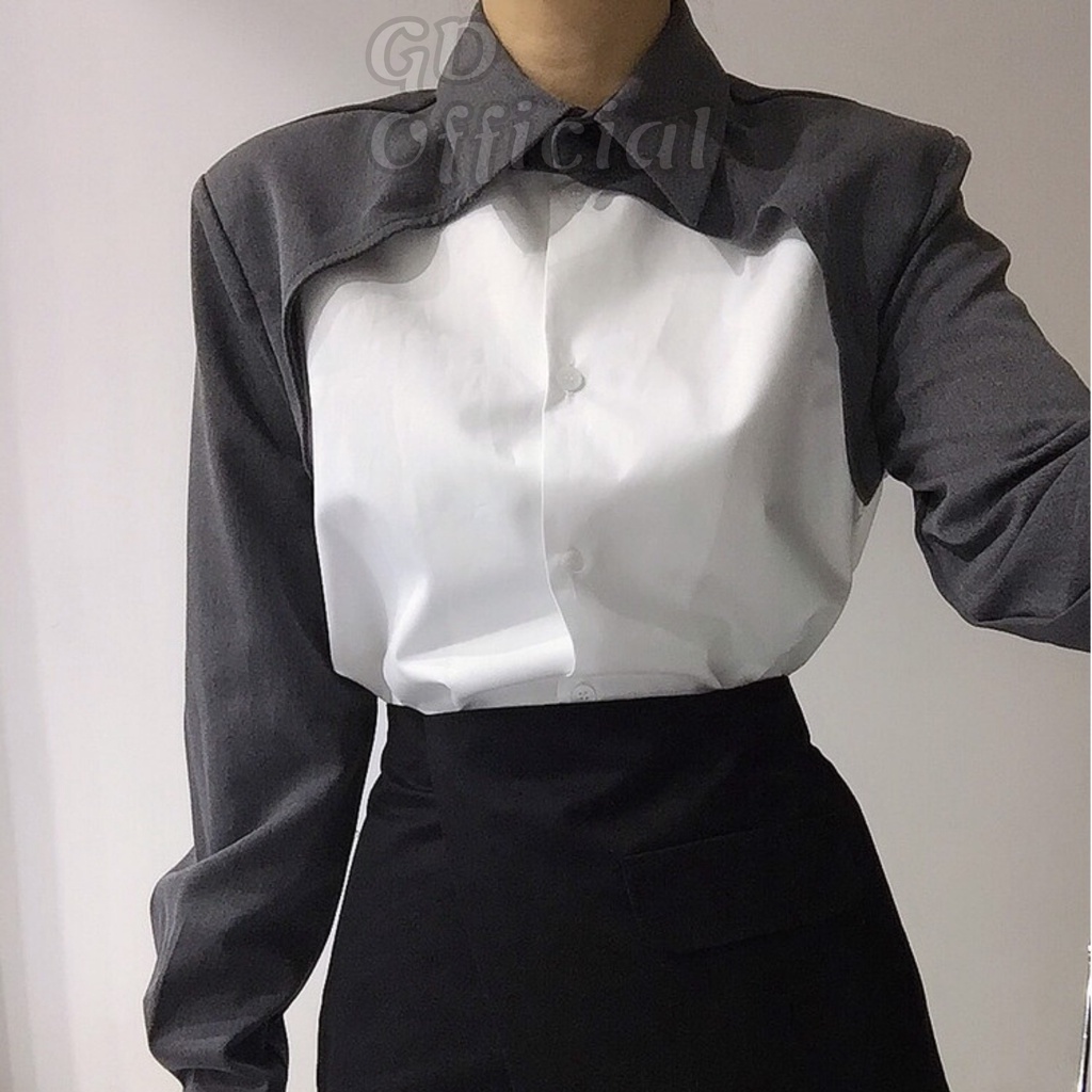 A73|Áo sơ mi polo cotton nữ dài tay hai màu tương phản khí chất dáng rộng, thẳng, suông màu xám, đen, trắng GD Official