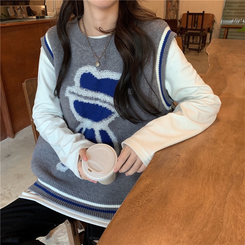 ZHELIHANGFEI Áo Sweater Dệt Kim Sát Nách Dáng Rộng In Hình Gấu Dễ Thương