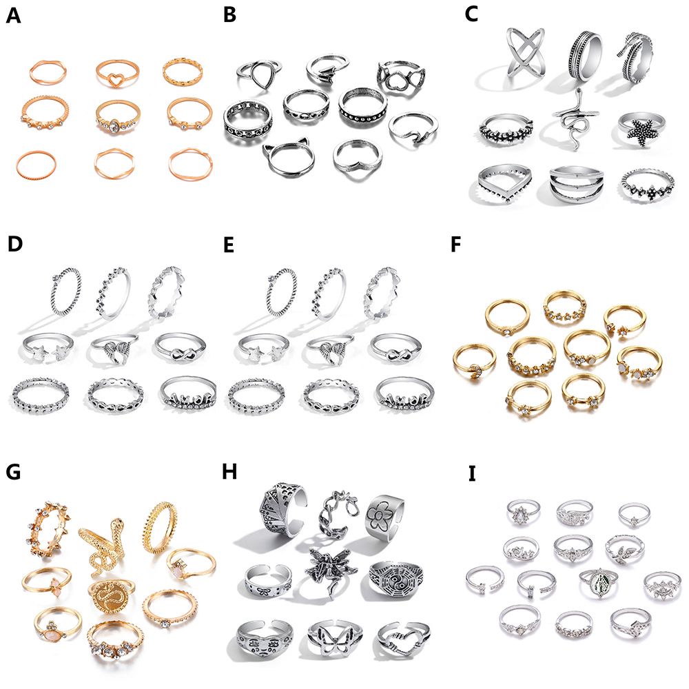 Set 9 nhẫn đeo ngón tay nhiều mẫu phong cách cổ điển hình học thời trang dành cho cả nam và nữ