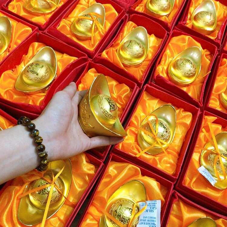 Đồ thờ cúng thỏi vàng Thần Tài khắc rồng phượng bằng đồng mạ vàng cao cấp  tài lộc - may mắn - giàu có- TÔ TÂM QUÀNG