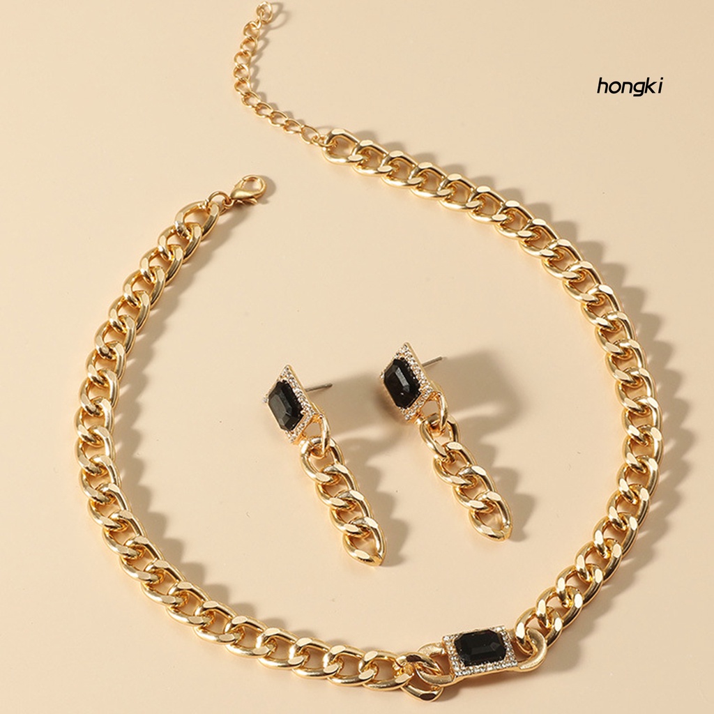 Set 2 Bông Tai Dây Xích Dày Đính Đá Nhân Tạo Phong Cách Hip Hop