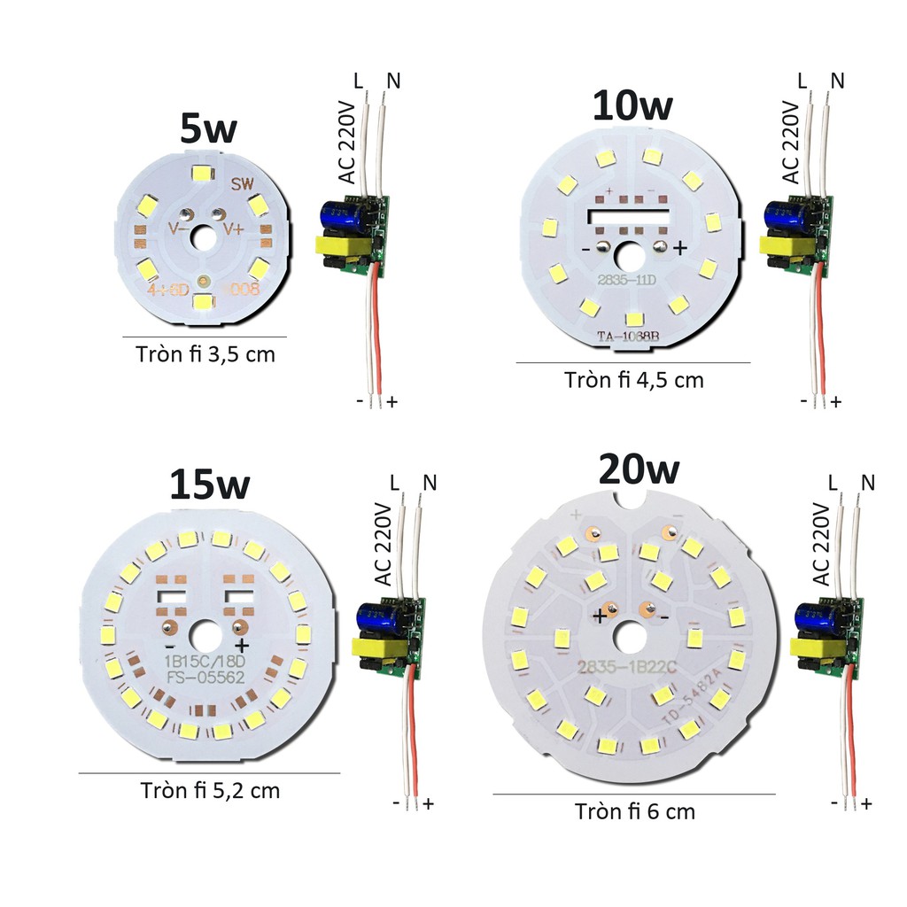 Bảng bo vỉ mạch Led 5w 10w 15w 20w mắt chip Led 2835 siêu sáng +nguồn driver AC220V MLB-5-20x