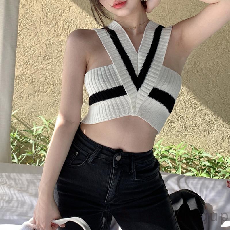 Áo Croptop Dệt Kim Cổ Chữ V Màu Sắc Tương Phản Thời Trang Mùa Hè Dành Cho Nữ