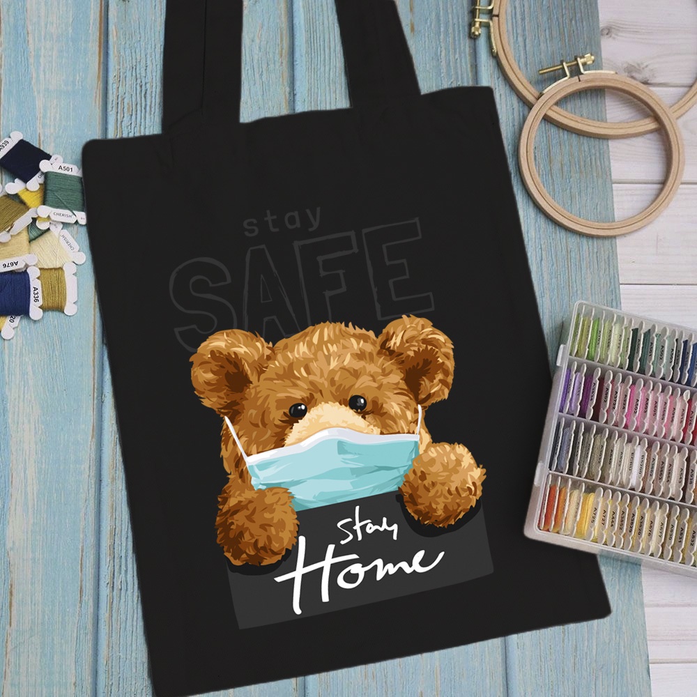 Túi vải, túi Tote (màu đen) TEDDY ART - Mẫu 6 vải canvas dày đẹp cho nữ có khóa miệng đi học đi chơi.