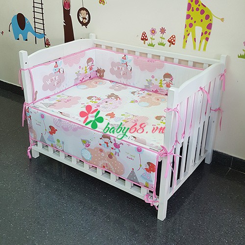 Bộ quây + drap 70x120 voi xanh, Hello kitty, Doremon, em bé khăn đỏ, xe lửa trắng