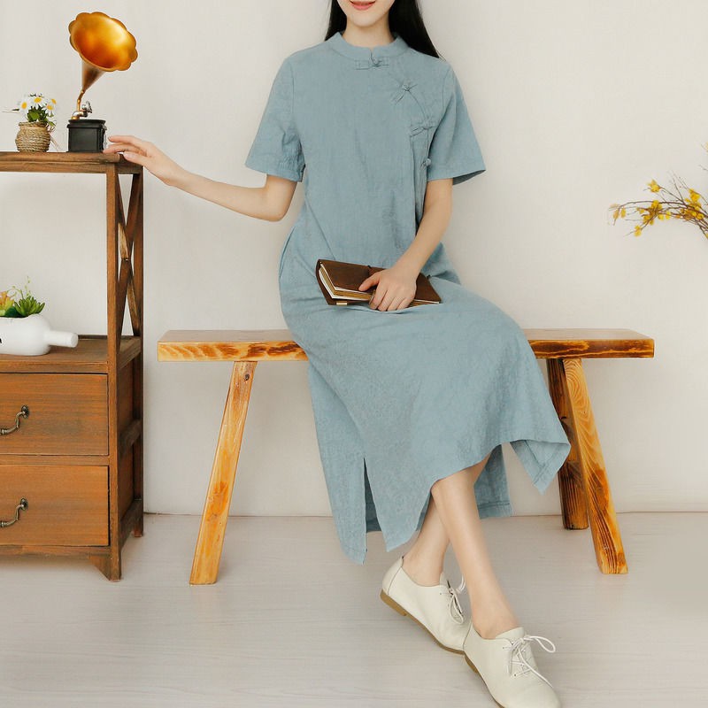 Đầm Cotton Lanh Dáng Dài Cài Nút Kiểu Retro Thời Trang Mùa Hè