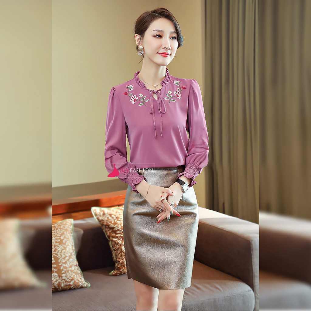 Áo sơ mi cổ tim thắt nơ tay dài chất liệu lụa Hàn Quốc cao cấp BlyFashion SM251 thời trang công sở Thanh lịch Sang trọng