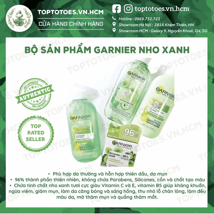 Kem dưỡng Garnier Botanical with Grape Water chứa chiết xuất nho xanh dưỡng ẩm, cho da mềm mịn, sáng hồng