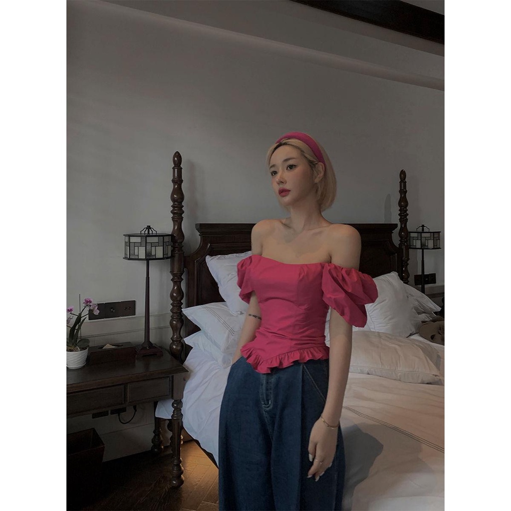 Áo Kiểu Trễ Vai Tay Ngắn Chiết Eo 2022 Thời Trang Mùa Hè Phong Cách Mới Cho Nữ