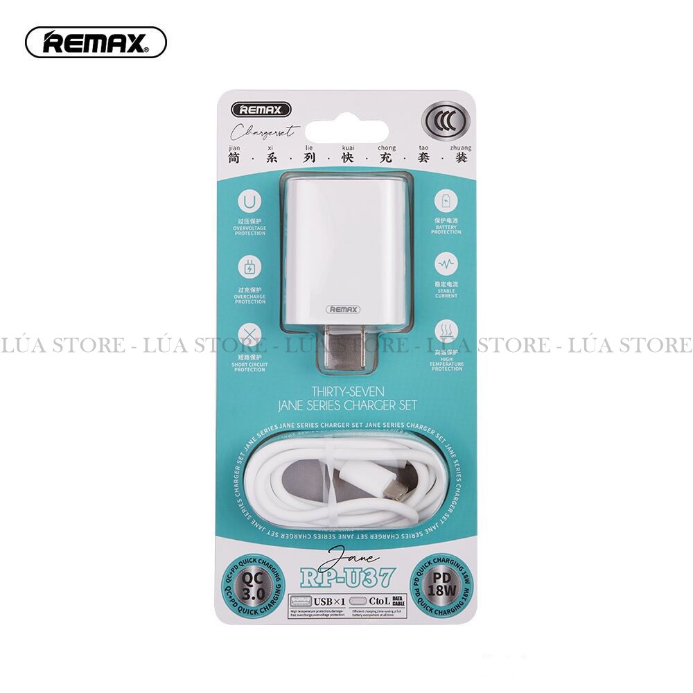 Bộ sạc nhanh Remax RP-U37 Cổng Type-C và USB-A, Chuẩn sạc QC+PD, chỉ mất 30 phút đầy 50% pin iPhone