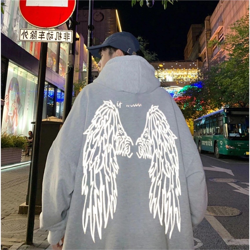 Áo hoodie Lót Nhung Dáng Rộng Họa Tiết Đôi Cánh Phản Quang Phong Cách Hiphop Đường Phố Cho Nam Giới Size M-5XL
