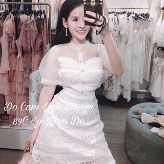 Váy đầm nữ hoạ tiết ren mềm cúc ngọc pha voan tay phồng hàn quốc