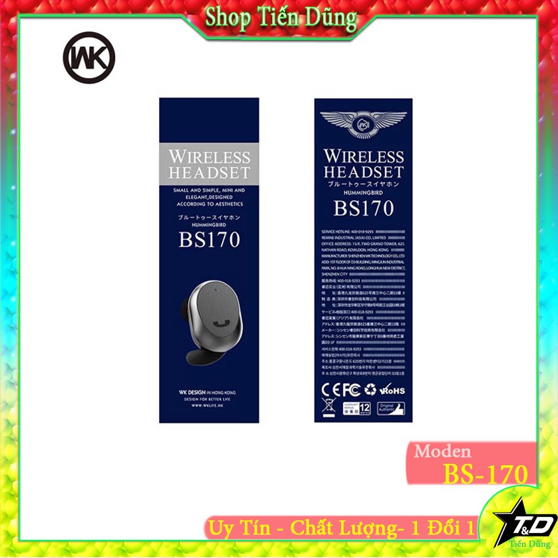 Tai nghe bluetooth không dây WK DISEGN BS170 Dòng có 1 tai pin dung lượng 40mAh