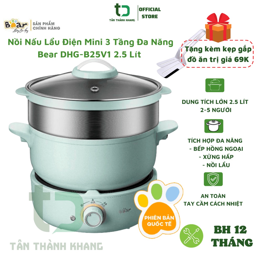Nồi Nấu Lẩu Điện Mini 3 Tầng Đa Năng Bear Dhg-b25v1 2.5 Lít (KÈM LỒNG HẤP), Nấu, Hấp, Lẩu, Chiên, Xào