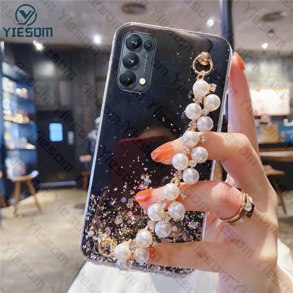 Sang Trọng ​Ốp Điện Thoại Silicon Mềm Trong Suốt Đính Kim Tuyến Kèm Dây Đeo Ngọc Trai Cho OPPO Reno 6Z 5G 6 5 4 3 Pro 4G Reno 2F 4F 5F 2