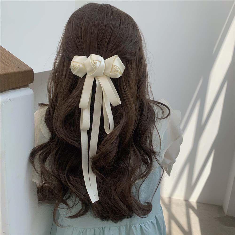 Kẹp Tóc Ruy Băng Đính Hoa Hồng Phong Cách Hàn Quốc