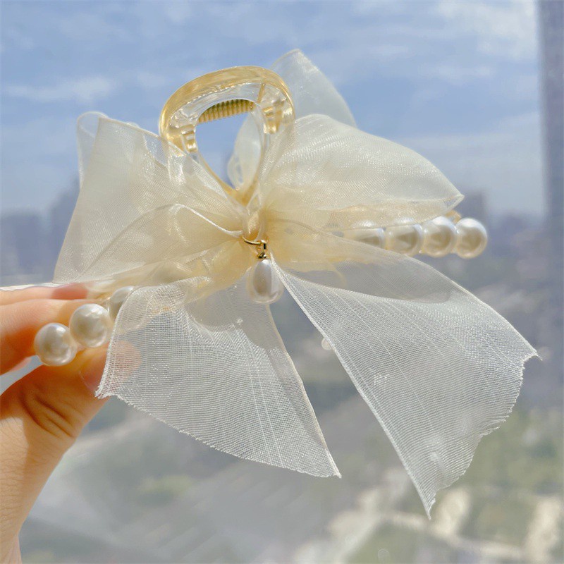 Kẹp tóc vải thắt nơ lưng đính ngọc trai phong cách hàn quốc cho nữ