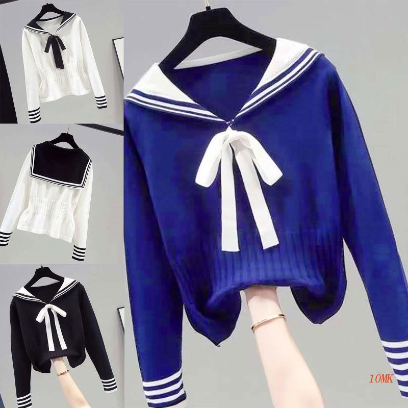 Áo Sweater Dệt Kim Tay Dài Cổ Thủy Thủ 10MK Ôm Dáng Phong Cách Đường Phố Cho Nữ