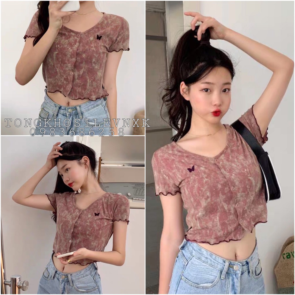 ÁO CROPTOP LOANG THÊU BƯỚM VIỀN CHỈ - ÁO LOANG CÚC CÀI BUTTERFLY PURPLE