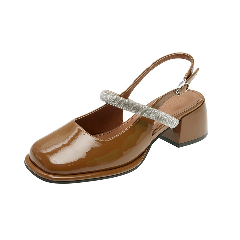 Giày xăng đan IELGY cao gót mũi vuông bằng da đính đá thời trang cho nữ