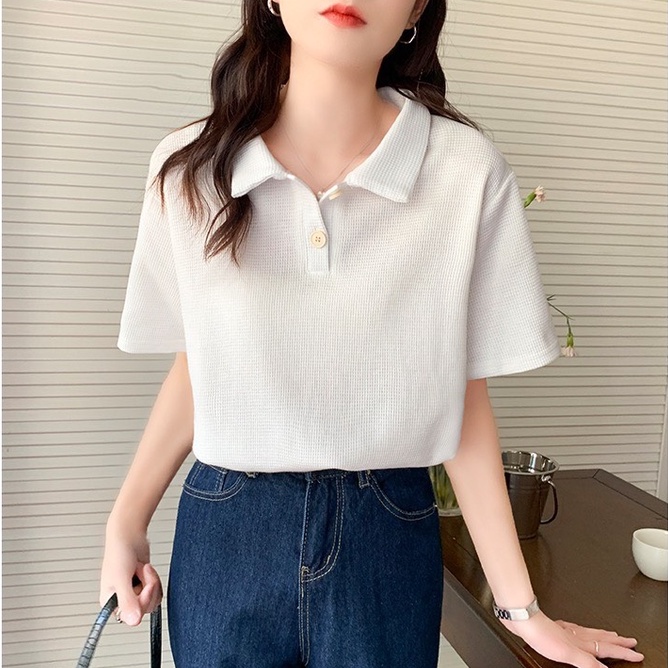 Áo polo nữ bigsize 87 kg _ Áo nữ cổ bẻ chất cotton tổ ong co giãn phong cách Hàn Quốc APL