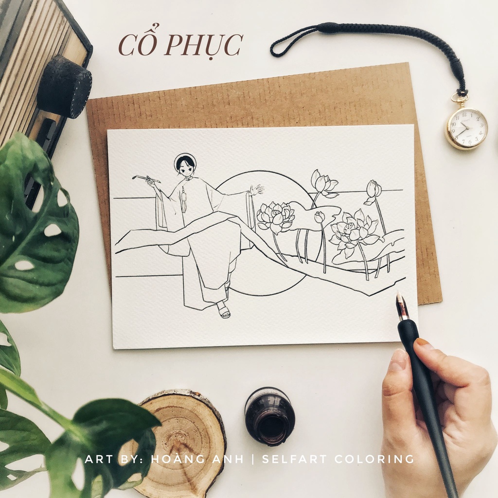 [rysearthub]Tranh tô màu lineart &quot;Cổ phục Việt Nam&quot; bởi Hoàng Anh - Self Art Cold Press 300gsm