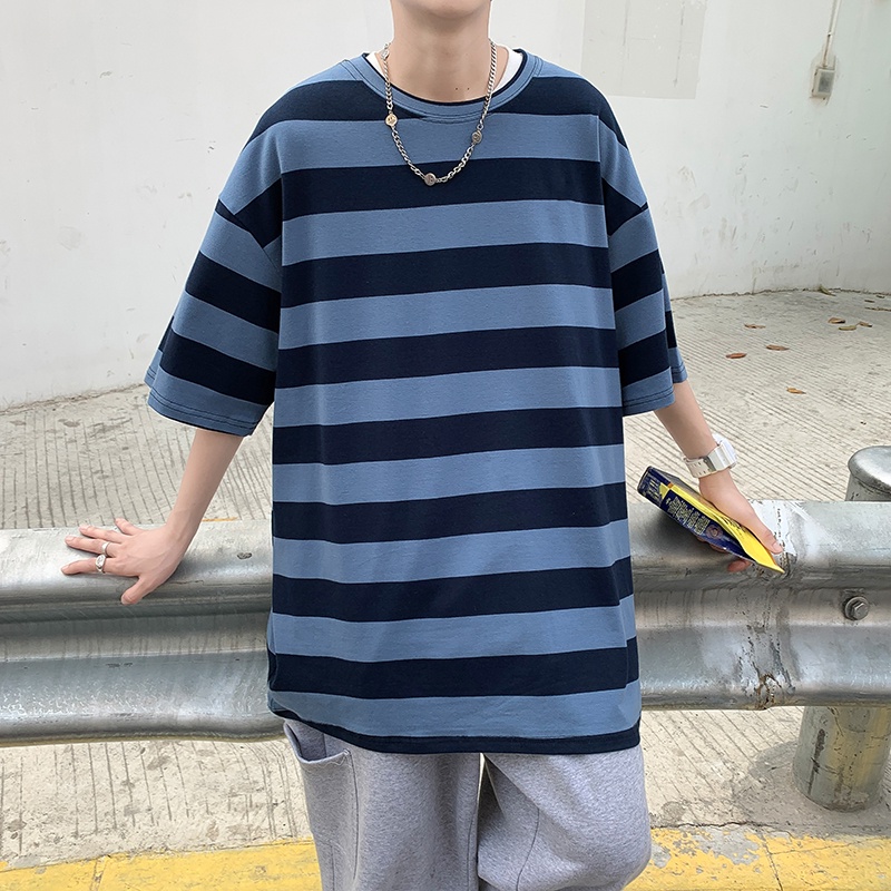 Áo Thun Thể Thao plus size Tay Ngắn Dáng Rộng Kẻ Sọc Phong Cách Hàn Quốc Cho Nam
