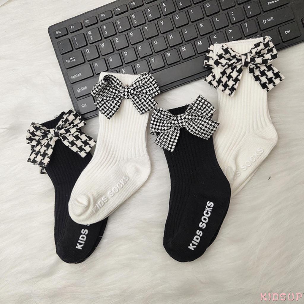 KIDSUP-Little Girl’s Autumn and Winter Socks Fresh Plaid Bow Calf Length Cotton Warm Stockings 0-3 Years