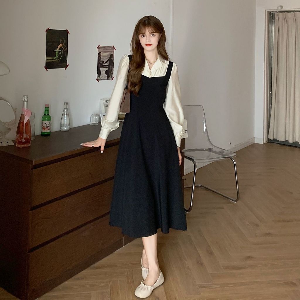 Mới Đầm Nữ Dài Tay Cổ Tròn Eo Thắt Dây Thời Trang Hàn