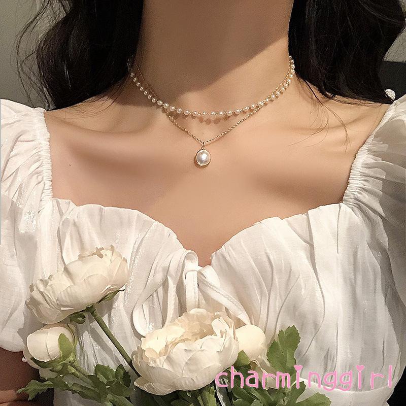 QAQ-Women´s Artificial Pearl Necklace with Pendant Multi-layer Neck Accessories with Adjustable Chain