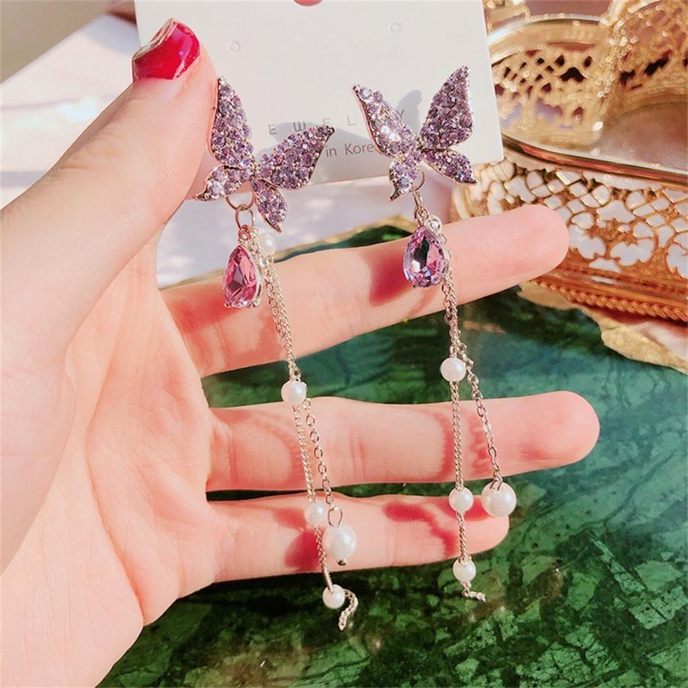 Bông Tai Hình Bướm Màu Tím Xinh Xắn Thời Trang|Dây Chuyền Dài Mặt Bướm Đính Đá Thời Trang Cho Nữ