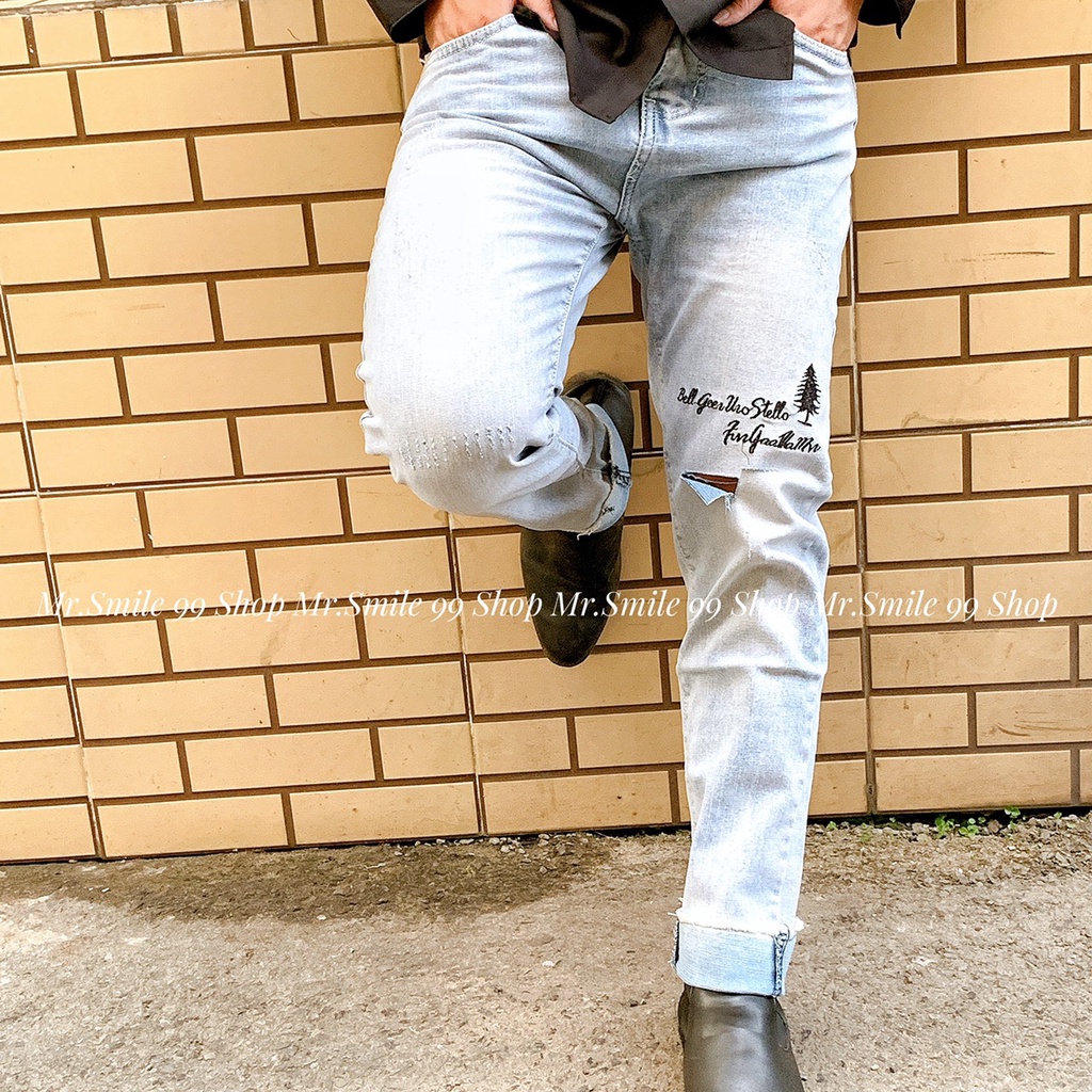 QUẦN JEAN NAM 6090 WAX PHỐI CHỮ THÊU ULZZANG FORM SKINNY FIT CO GIÃN MR SMILE 99 SHOP