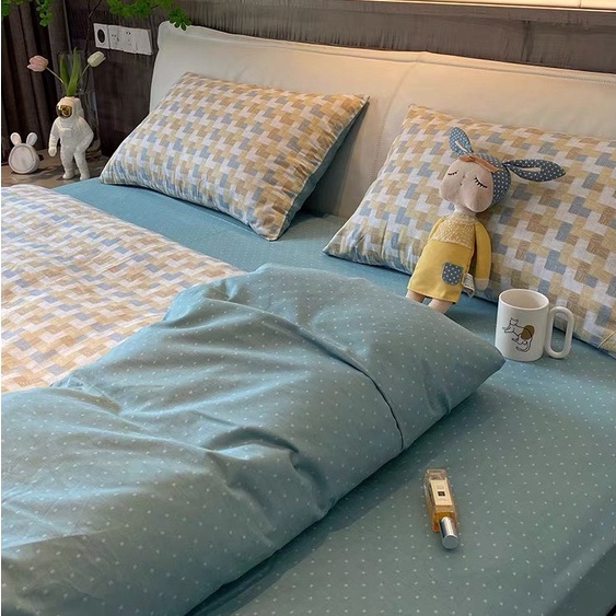 Bộ chăn ga gối cotton organic nhập khẩu kẻ vàng ga xanh Dreamhome