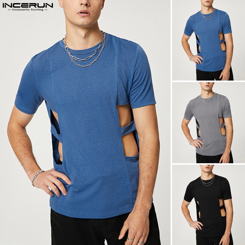 INCERUN Áo Thun Tay Ngắn Cổ Tròn Thiết Kế Lỗ Thời Trang Cho Nam