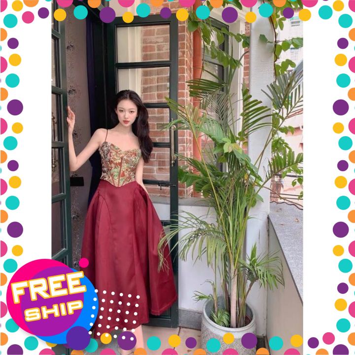SET Áo Dây Ôm Croptop Hoa + Váy Xoè Đỏ Đô Sang Chảnh