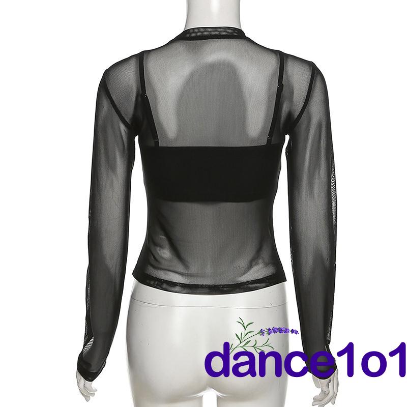 ☆KE♧Women´s Camisole + Long Sleeve Crew Neck See-Through Mesh T-Shirt Set