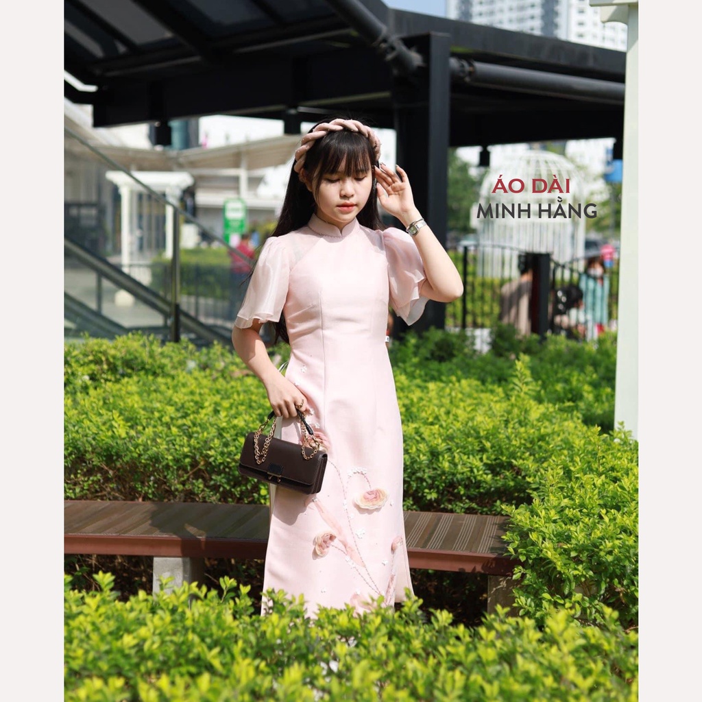 Áo Dài Cách Tân Nữ 4 Tà Tay Bèo Cánh Tiên Đính Hoa, Vải Lụa Tơ Óng Đẹp Nhẹ Nhàng_Áo Dài Minh Hằng