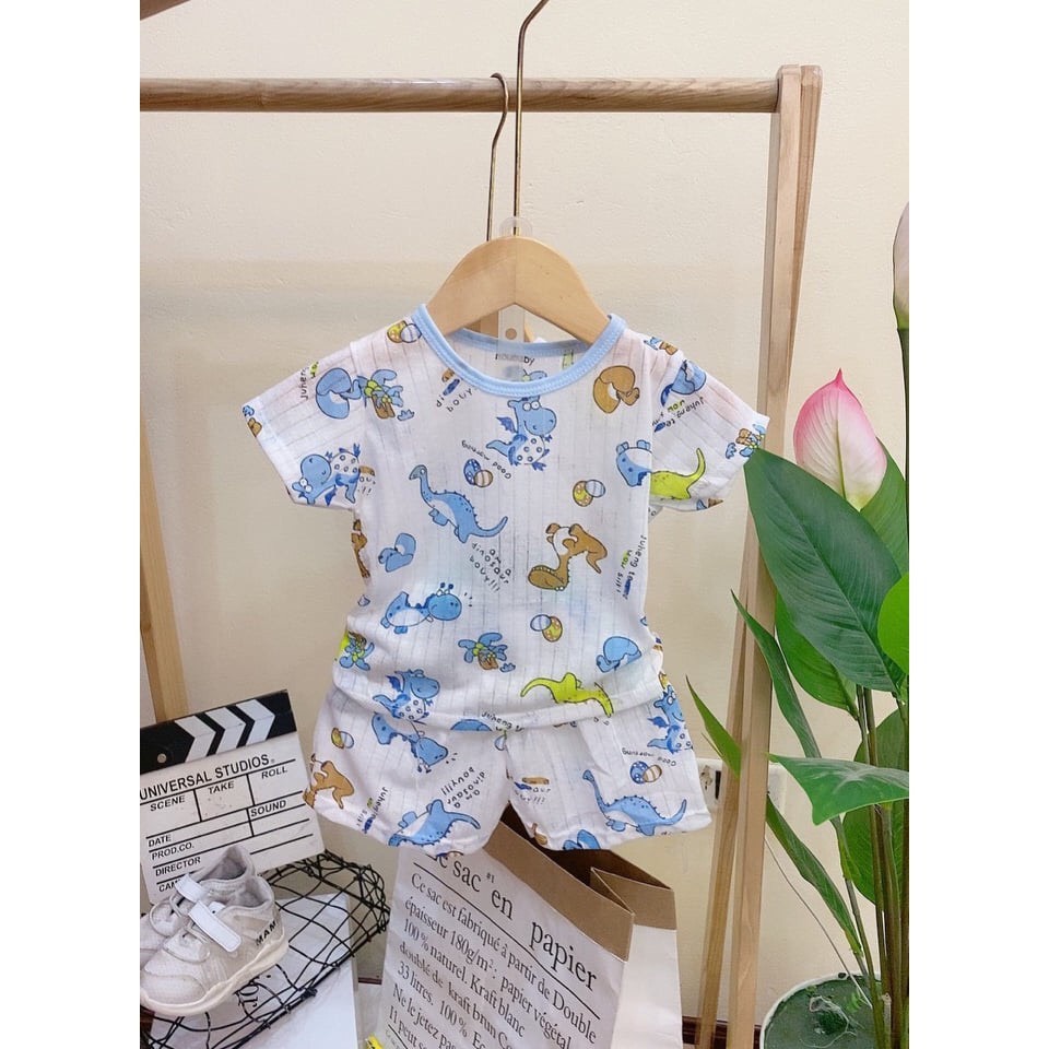 Bộ cotton giấy cộc cài vai in hình dễ thương cho bé 0 - 15kg