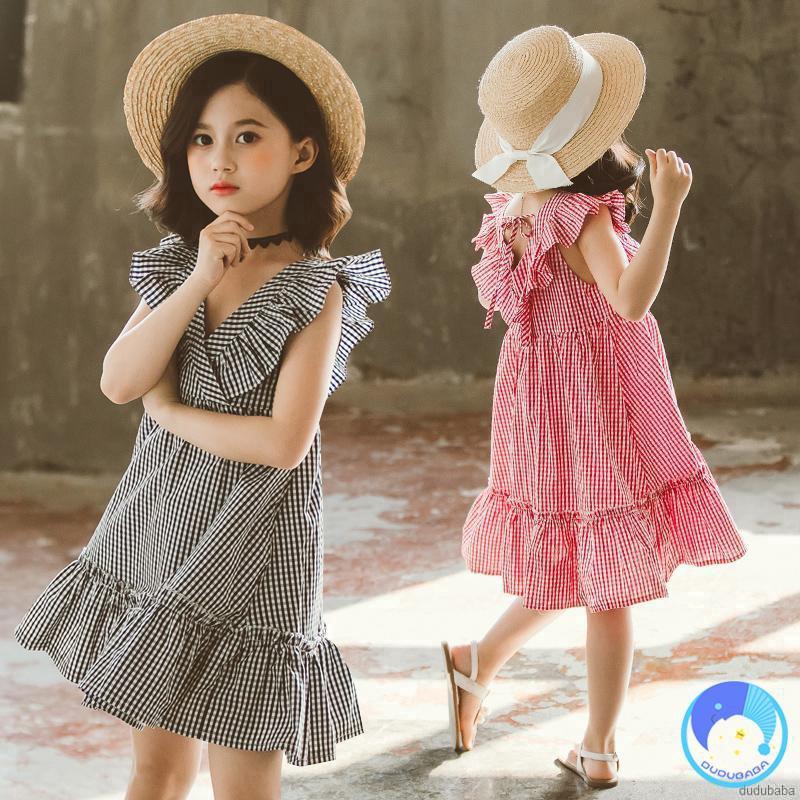 Đầm không tay họa tiết sọc ca rô cho bé gái từ 3-13 tuổi